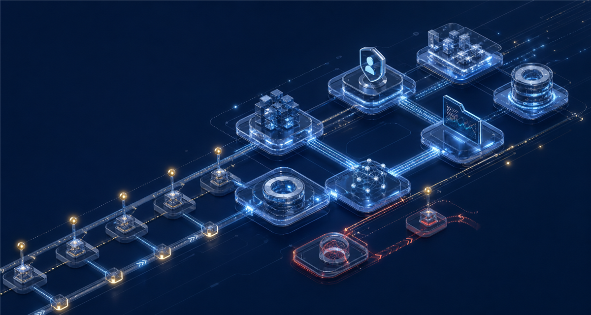 Abstract enterprise systems mesh with API flows, identity checkpoints and rollback paths.